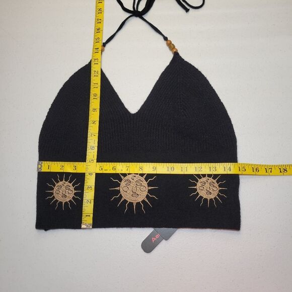 Romwe Black Sun Embroidered  Halter Crop Top Hippie Boho Festival NEW - Picture 10 of 11